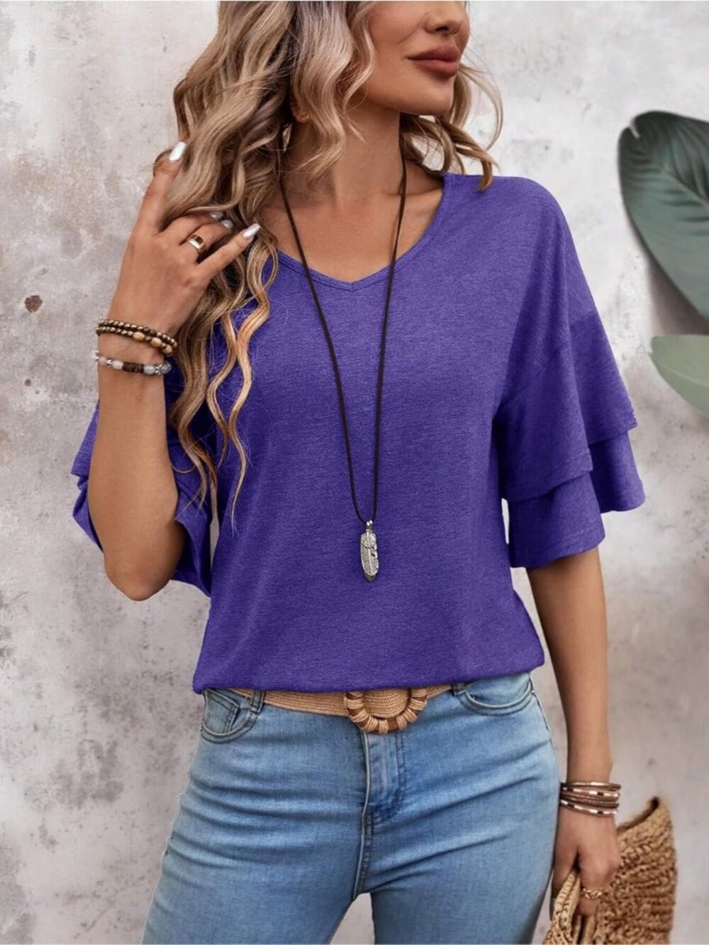 Women's Purple V Neck Blouse Ruffle Bell Sleeve Summer Casual Top Cute Tee - Picture 3 of 6